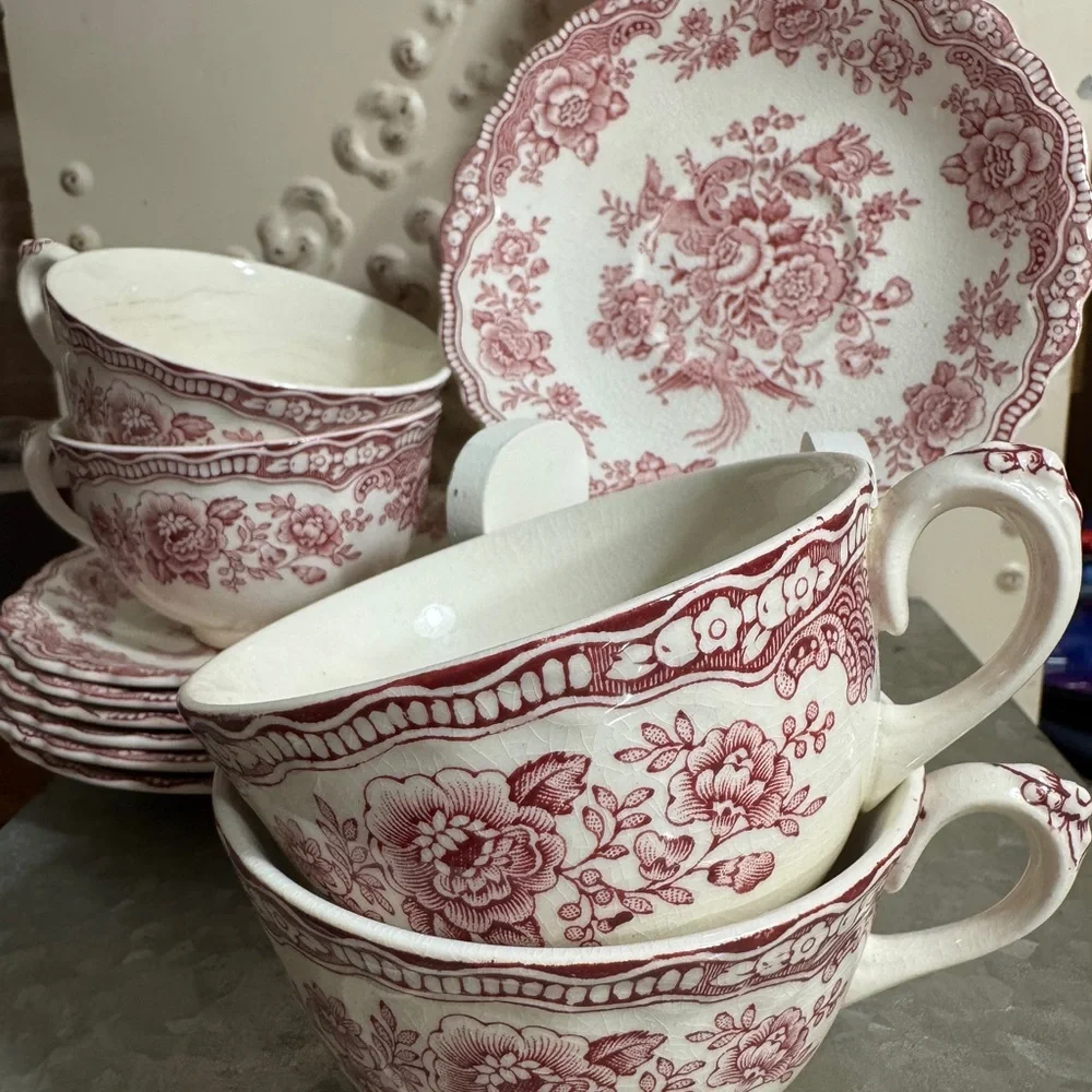Vintage English Crown Ducal Cups and Saucers with Bird Motif